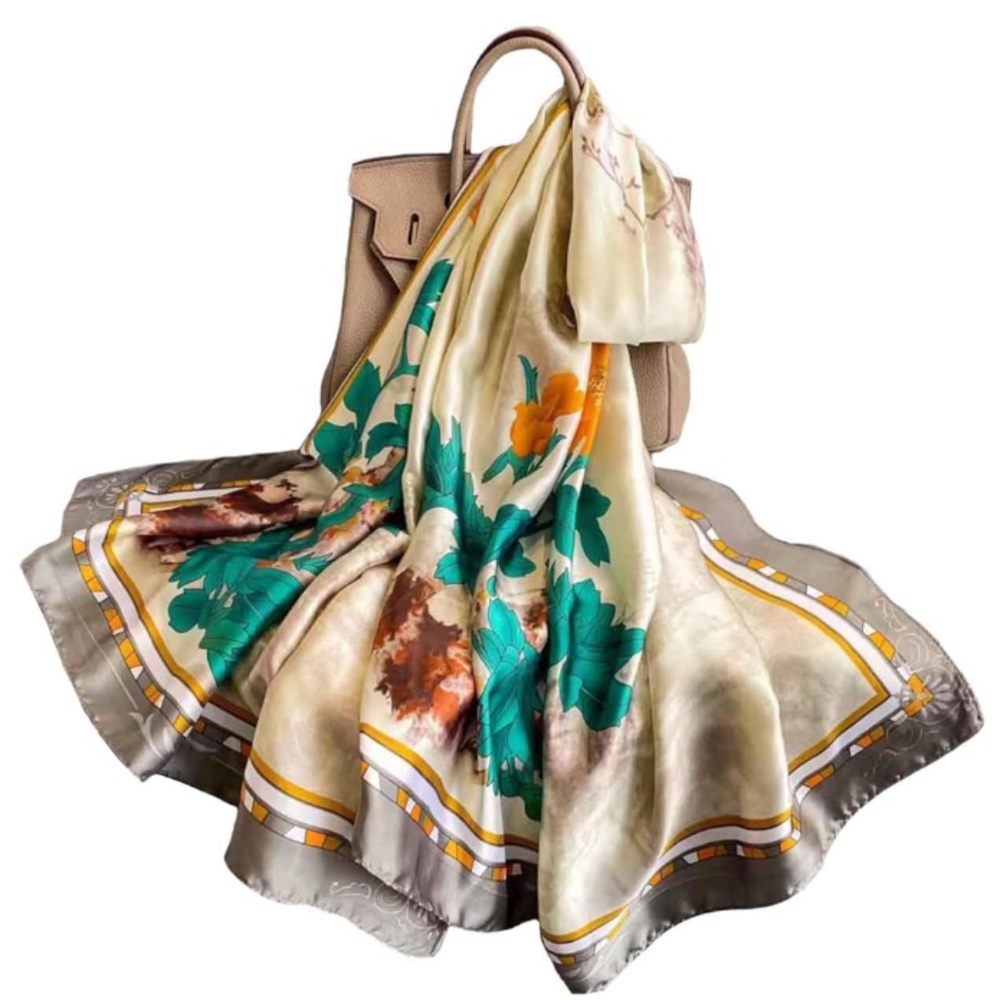 🌹🆕 Silky Scarf Wrap Shawl with Gray Ivory Teal Design - Picture 8 of 11